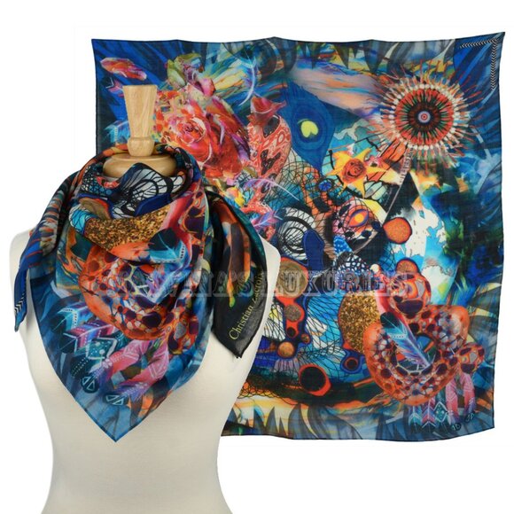CHRISTIAN LACROIX SCARF WOOL MULTICOLORED VIBRANT PRINT FOULARD LARGE SQUARE 35" - Picture 1 of 6